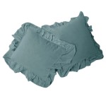 Komplet poszewek bawełnianych 40x40 cm w kolorze mineralnego niebieskiego, z falbanką. Pozycjonowane na płasko, z widoczną teksturą materiału. Idealne do dekoracji poduszek w sypialni lub salonie, na jednolitym tle.