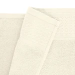 Ręcznik bawełniany Solano w kolorze ecru o wymiarach 50x90 cm, ukazany w zbliżeniu. Widoczna tekstura materiału, z jednym bokiem gładkim, a drugim z delikatnym wzorem w romby. Krawędzie wykończone estetycznym obszyciem.