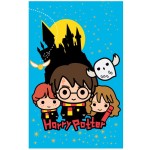 Kocyk dziecięcy 100x150 cm w kolorze niebieskim z motywem Harry'ego Pottera. Na tle zamku widoczni są bohaterowie: Harry, Ron i Hermiona, z wyraźnym napisem Harry Potter. Tło ozdobione gwiazdkami, kocyk leży płasko.