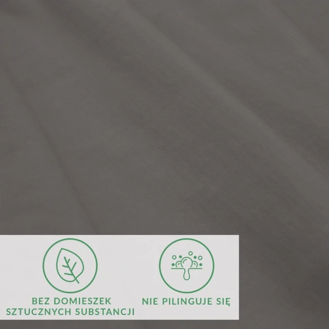 Prześcieradło jersey z elastanem w kolorze antracytowym, rozmiar 200x220 cm, z gumką. Widoczne detale materiału, gładka tekstura. W dolnej części umieszczone znaki informacyjne: bez domieszek sztucznych substancji, nie pilinguje się.