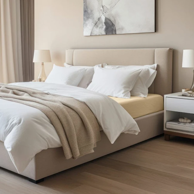 Prześcieradło jersey z elastanem w kolorze beżowym, rozmiar 90x200 cm, leżące na łóżku. W tle widoczne białe poduszki oraz dekoracyjne okrycie w neutralnym odcieniu, na lekkim, jasnym tle sypialni. Prześcieradło z gumką, idealnie dopasowane do materaca.