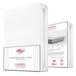 Prześcieradło jersey z elastanem z gumką 90x200 w kolorze białym, zapakowane w formie złożonej. Widoczne logo DARYmex oraz informacje o produkcie na białym tle opakowania. Opakowanie ma prostokątny kształt, z detalami na jednej stronie.