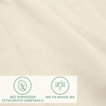 Prześcieradło jersey z elastanem w kolorze naturalnym, rozmiar 90x200 cm, z widoczną teksturą materiału. Na dolnej części graficzne symbole: bez domieszek sztucznych substancji oraz nie pilinguje się. Produkt leży w sposób rozłożony na gładkim tle.