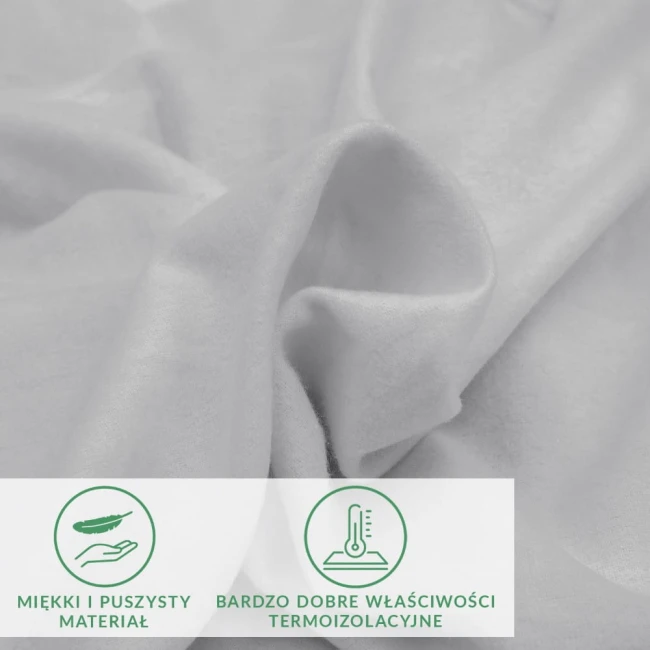 Flanelowe prześcieradło z gumką w kolorze jasno szarym, wykonane z miękkiego i puszystego materiału. W zbliżeniu, materiał układa się w fale, co podkreśla jego teksturę. Widoczne są ikony przedstawiające cechy właściwości termicznych.