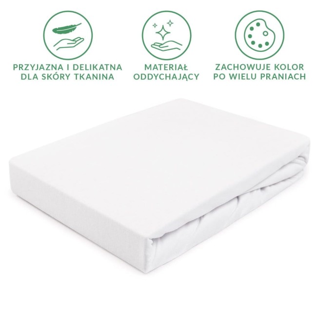 Prześcieradło jersey z gumką 160x200 w kolorze białym, leżące na płaskiej powierzchni. Materiał jest gładki, elastyczny i matowy. Wykończenie z gumką zapewnia dobre dopasowanie. W tle prosta, jednolita powierzchnia.