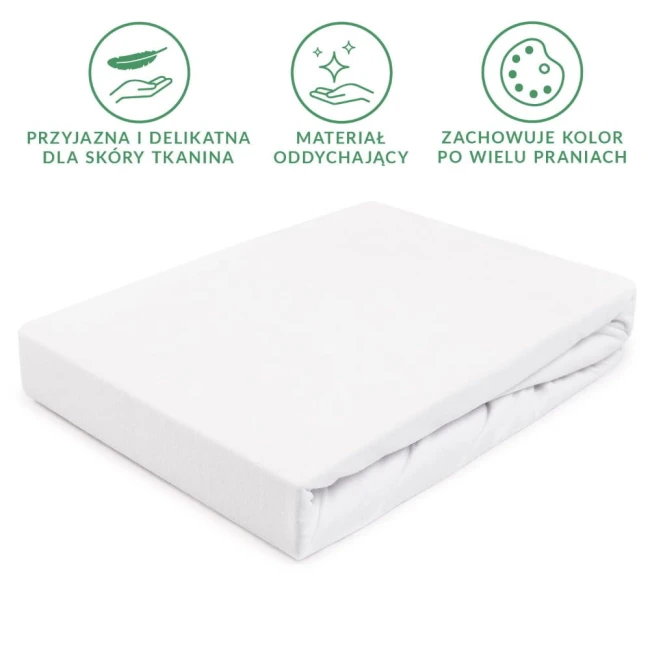 Prześcieradło jersey z gumką 90x200 w kolorze białym, leżące na prostym tle. Widać gładką tkaninę o delikatnej fakturze, która dobrze przylega do materaca. Produkt ma zdejmowalną gumkę w brzegach, co ułatwia zakładanie i zdejmowanie.