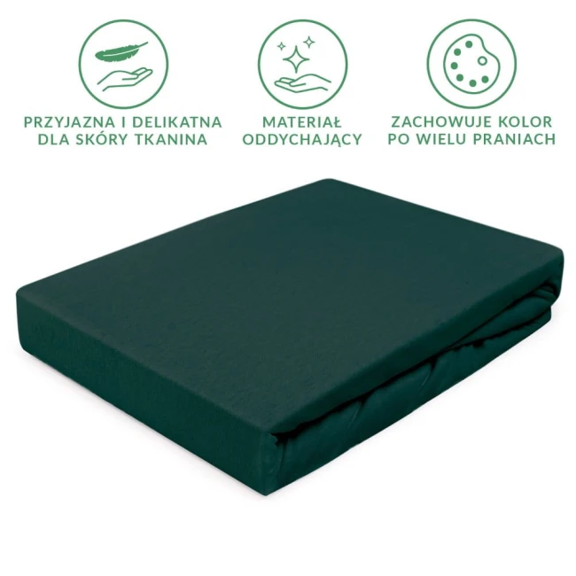 Prześcieradło jersey z gumką w kolorze butelkowej zieleni, rozmiar 180x200 cm, rozłożone na płaskiej powierzchni. Materiał miękki i elastyczny, idealnie dopasowuje się do materaca. W tle białe, jednolite tło.