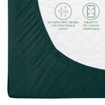 Prześcieradło jersey z gumką w kolorze butelkowej zieleni, o wymiarach 160x200 cm. Ujęcie z boku ukazuje elastyczną gumkę obwodową oraz teksturę materiału. Widoczne informacje dotyczące grubości i wytrzymałości gumy w formie czytelnych napisów.