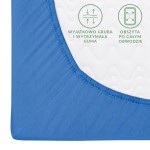 Prześcieradło jersey z gumką w kolorze chabrowym, rozmiar 180x200, ułożone na jasnym tle. Widoczny detal gumy obwodowej oraz tekst informacyjny o wytrzymałości. Materiał gładki, miękki w dotyku, idealny do komfortowego użytkowania.