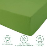 Prześcieradło jersey z gumką w kolorze kaktusowym o wymiarach 160x200 cm. Złożone, przedstawione z boku, wykonane w 100% z bawełny, o gramaturze 130 g/m². Widoczne ikonki materiału i brak domieszek sztucznych.
