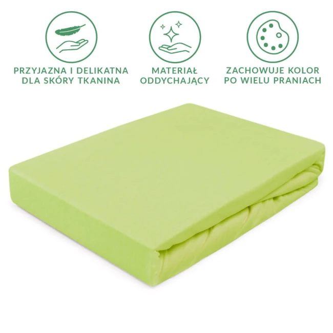 Prześcieradło jersey z gumką w kolorze limonkowym, rozmiar 200x220 cm, leżące na białym tle. Wykonane z przyjaznej dla skóry tkaniny, o gładkiej fakturze. Widoczne wygodne wykończenie z gumką, zapewniające stabilność podczas użytkowania.