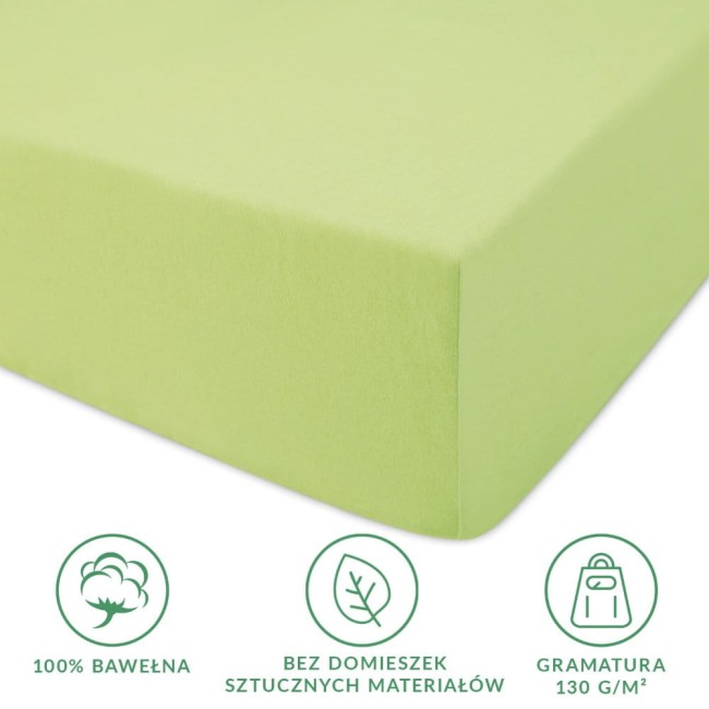 Prześcieradło jersey z gumką 160x200 w kolorze limonkowym, wykonane z 100% bawełny, leżące na białym tle. Widoczna faktura materiału oraz gumka wokół krawędzi, co zapewnia lepsze dopasowanie do materaca.