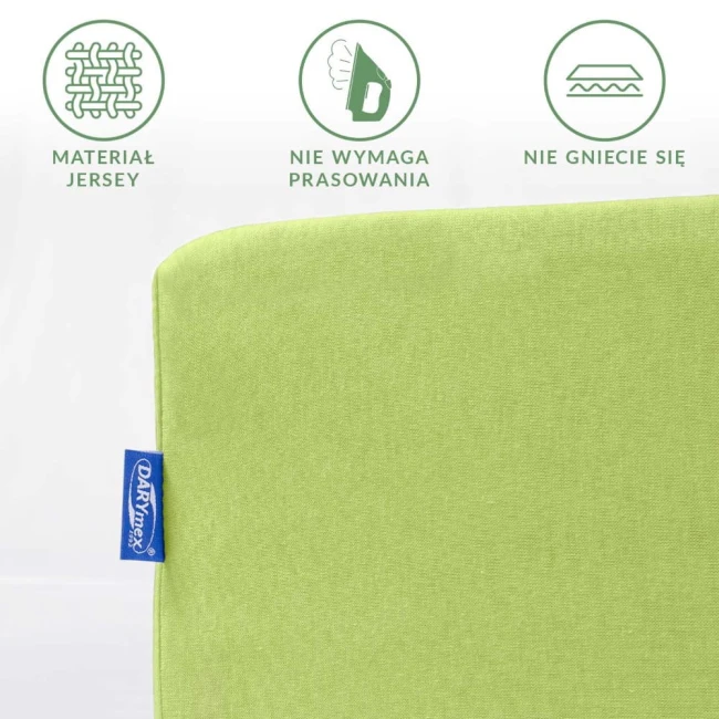 Prześcieradło jersey z gumką 160x200 w kolorze limonkowym, widoczne z boku. Materiał jest jednolity, gładki, bez zmarszczek, z niebieską metką DARYNET. Grafika przedstawia cechy: materiał, brak prasowania oraz odporność na gniecenie.