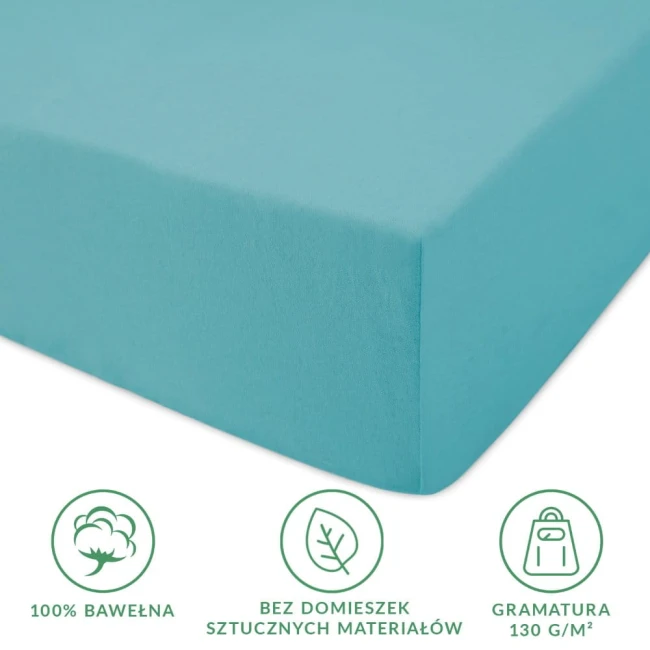 Prześcieradło jersey z gumką w kolorze turkusowym, wykonane w 100% z bawełny. Rozmiar 200x220 cm, rozłożone, z widoczną gumką oraz gładką teksturą materiału. W rogu widoczne ikonki informacyjne dotyczące gramatury i braku domieszek.