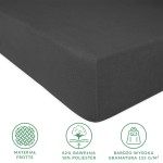 Prześcieradło frotte z gumką 180x200 w kolorze antracytowym, leżące na białym tle. Widoczne detale to struktura materiału, wykonanie z 82% bawełny i 18% poliestru oraz wysoka gramatura 155 g/m². Brak napisów na tkaninie.