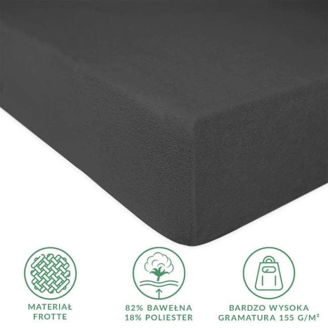 Prześcieradło frotte z gumką 180x200 w kolorze antracytowym, leżące na białym tle. Widoczne detale to struktura materiału, wykonanie z 82% bawełny i 18% poliestru oraz wysoka gramatura 155 g/m². Brak napisów na tkaninie.