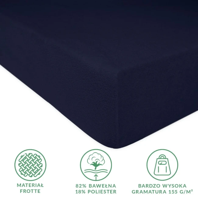 Prześcieradło frotte z gumką o wymiarach 90x200 cm w kolorze ciemnego granatu, leżące na białym tle. Materiał teksturowany, trwały, składający się z 82% bawełny i 18% poliestru, wyróżniający się wysoką gramaturą 155 g/m².