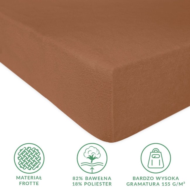 Prześcieradło frotte z gumką w kolorze czekolady, o wymiarach 90x200 cm, leżące na gładkiej powierzchni. Materiał złożony w proporcjach 82% bawełny i 18% poliestru, z teksturą frotte. Widoczne informacje o gramaturze 155 g/m² oraz skład materiału.