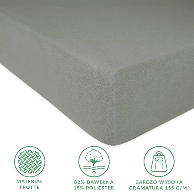 Prześcieradło frotte z gumką w kolorze szarym, rozmiar 90x200, leżące w skosie. Materiał o fakturze frotte, z dobrze widocznymi zaokrąglonymi krawędziami. Zawiera informacje o składzie: 82% bawełna, 18% poliester oraz gramaturze 155 g/m².
