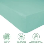 Prześcieradło frotte z gumką 120x200 w jasnym turkusie, widoczne z boku. Materiał z teksturą, elastyczne. Informacje o składzie (82% bawełna, 18% poliester) oraz gramaturze (155 g/m²) w grafice na dole. Proste, jednolite tło.
