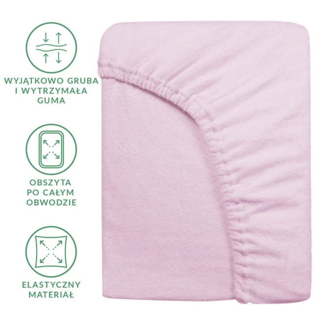 Prześcieradło frotte z gumką 120x200 w kolorze wrzos, leżące na białym tle. Widać elastyczny materiał oraz szeroką, wytrzymałą gumę obszywającą cały obwód. Ujęcie w zbliżeniu, akcentujące detale tekstury tkaniny.