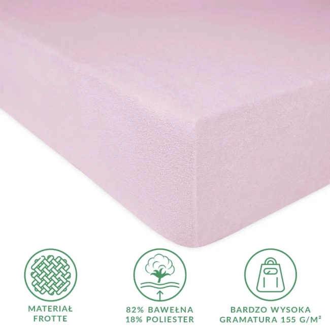 Prześcieradło frotte z gumką 120x200 w kolorze wrzosowym, wykonane z 82% bawełny i 18% poliestru. Ujęcie z boku pokazuje miękką teksturę i dopasowanie do materaca. Widoczne informacje o materiale i gramaturze na białym tle.