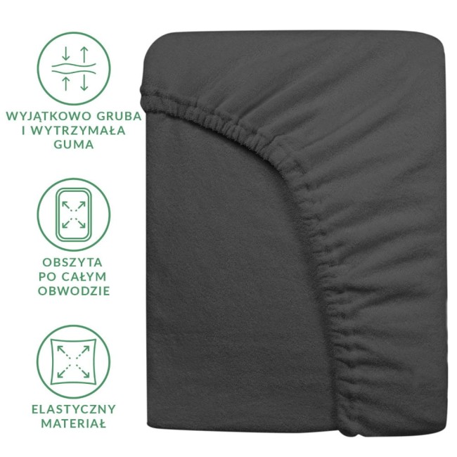 Prześcieradło frotte z gumką 140x200 w kolorze antracytowym. Produkt leży na płasko, ukazując elastyczną guma obwodowym. Widać gładką, miękką teksturę materiału, bez wzorów. Niewidoczne są także napisy oraz logo. Tło jednolite.
