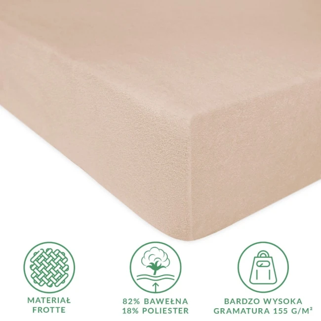 Prześcieradło frotte 140x200 w kolorze beżowym, leżące na płasko. Wykonane z miękkiego materiału z domieszką poliestru, charakteryzuje się gładką fakturą. Z boku widoczne informacje o składzie (82% bawełna, 18% poliester) oraz gramaturze.