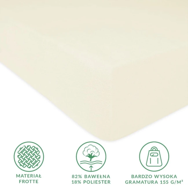 Prześcieradło frotte z gumką w kolorze ecru o wymiarach 140x200, leżące na płaskiej powierzchni. Materiał 82% bawełna, 18% poliester, o wysokiej gramaturze 155 g/m². Widoczne wykończenie brzegów z gumką. Proste, neutralne tło.