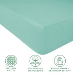 Prześcieradło frotte 140x200 w kolorze jasnego turkusu, z gumką, leżące na płaskiej powierzchni. Materiał o wysokiej gramaturze 155 g/m², tekstura miękka i przyjemna w dotyku. Widoczne oznaczenia dotyczące składu materiału.