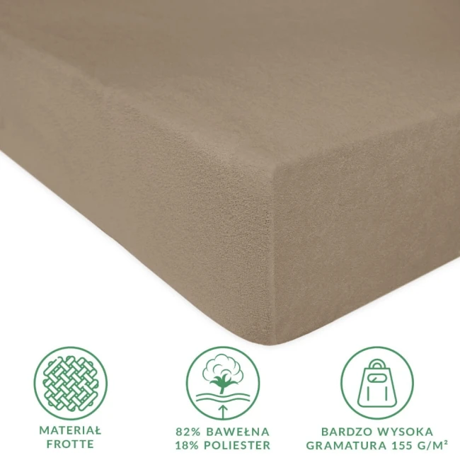 Prześcieradło frotte z gumką 140x200 w kolorze kakao, z widoczną miękką, teksturowaną powierzchnią. Produkt leży na równym tle. W dolnym rogu stoją ikonki z informacjami o materiale (82% bawełna, 18% poliester) oraz gramaturze (155 g/m²).