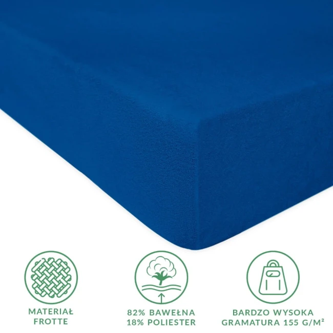 Prześcieradło frotte z gumką w kolorze chabrowym, o wymiarach 160x200 cm, leżące na płaskiej powierzchni. Materiał miękki, teksturowany, z widocznymi oznaczeniami informacyjnymi dotyczących składu i gramatury.