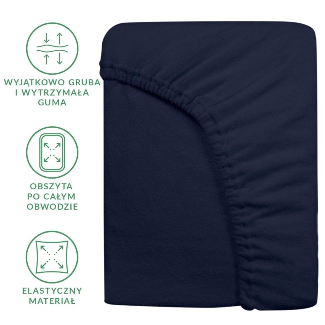 Prześcieradło frotte z gumką 160x200 w kolorze ciemnego granatu, z widoczną elastyczną guma obszytą po całym obwodzie, leżące na jednolitym tle. Materiał ma gładką fakturę. Zbliżenie na detal krawędzi, ukazujące mocne wykończenie.