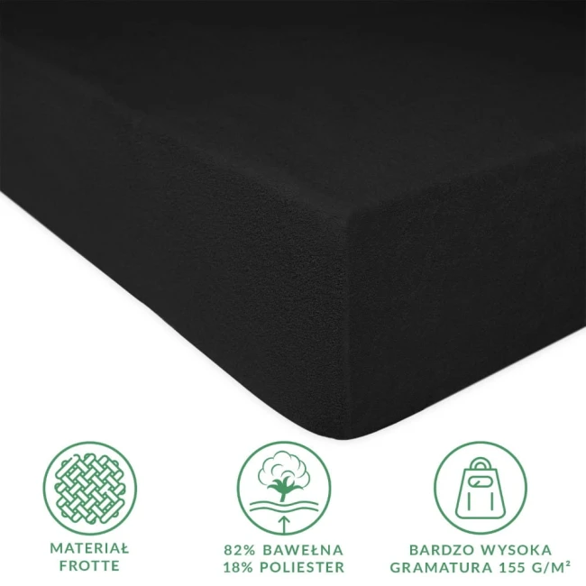 Prześcieradło frotte z gumką w kolorze czarnym, wykonane z materiału frotte. Rozmiar 160x200 cm, leżące na płaskiej powierzchni. Widoczne detale na krawędziach oraz informacje o składzie: 82% bawełny, 18% poliestru, wysoka gramatura 155 g/m².