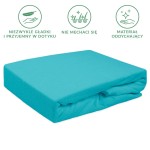 Prześcieradło frotte z gumką 160x200 w kolorze turkusowym, leżące w pozycji złożonej. Materiał jest gładki i przyjemny w dotyku, widoczne informacje o łatwości w pielęgnacji. Tło jednolite, co podkreśla kolor i fakturę produktu.