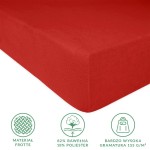 Prześcieradło frotte z gumką w kolorze czerwonym, w rozmiarze 180x200 cm. Materiał: 82% bawełna, 18% poliester, o wysokiej gramaturze 155 g/m². Ułożone na boku, prezentujące gładką, teksturowaną powierzchnię.