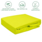 Frotte prześcieradło 180x200 w intensywnym kolorze limonka. Leżące, z wyraźną teksturą materiału, gładkie w dotyku, z gumką. Tło neutralne, bez dodatkowych elementów. Prześcieradło prezentuje się w formie składanej, łatwe do przechowywania.