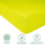 Prześcieradło frotte z gumką 180x200 w kolorze limonka, leżące na białym tle. Widoczna tekstura materiału, z oznaczeniem składu (82% bawełna, 18% poliester) i gramaturą (155 g/m²). Produkt doskonale przylegający do materaca, bez widocznych dekoracji.