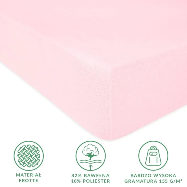 Prześcieradło frotte z gumką w kolorze różu kwarcowego, o wymiarach 180x200 cm, leżące na białym tle. Widać miękką fakturę materiału, złożone krawędzie oraz widoczne logo i symbole dotyczące składu tkaniny.
