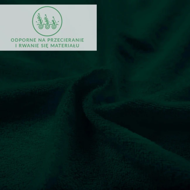 Prześcieradło frotte z gumką w kolorze zieleni butelkowej o wymiarach 180x200. Materiał o teksturze frotte, odporny na przecieranie i rwanie. Złożone w sposób ukazujący miękkość i fakturę.
