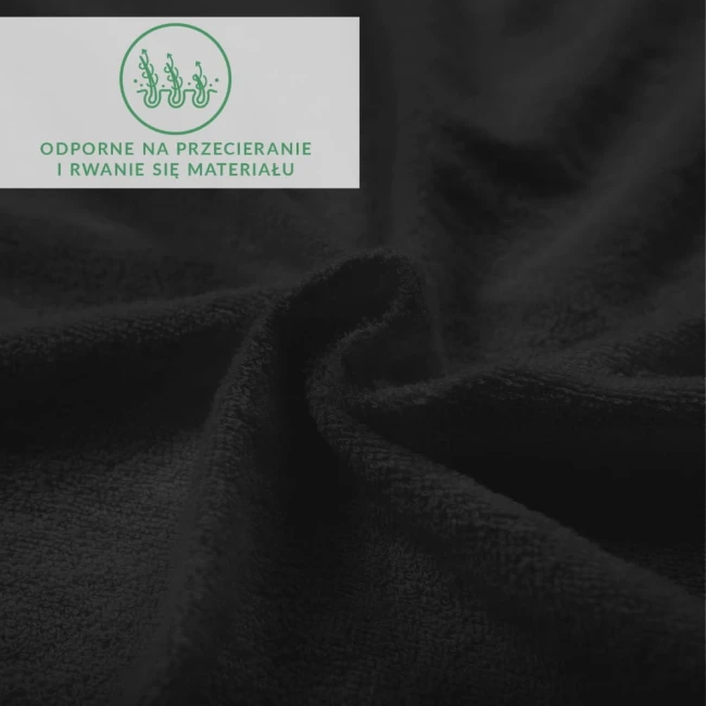 Prześcieradło frotte 200x220 w kolorze czarnym, teksturowane, z widoczną strukturą materiału. Ułożone na płasko, z bliska. Elementy graficzne dotyczące odporności materiału na przetarcia i rwanie w lewym górnym rogu. Tło jednolite, ciemne.