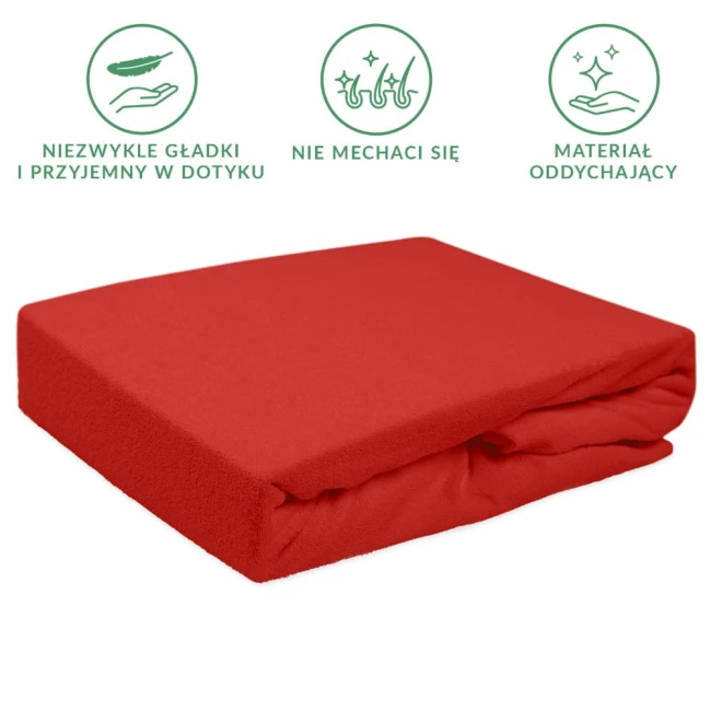 Prześcieradło frotte z gumką w kolorze czerwonym, rozmiar 200x220 cm, leżące płasko. Materiał o gładkiej fakturze, sprzyjający komfortowi użytkowania. Brak widocznych wzorów lub logo. Tło proste, co podkreśla intensywność koloru.