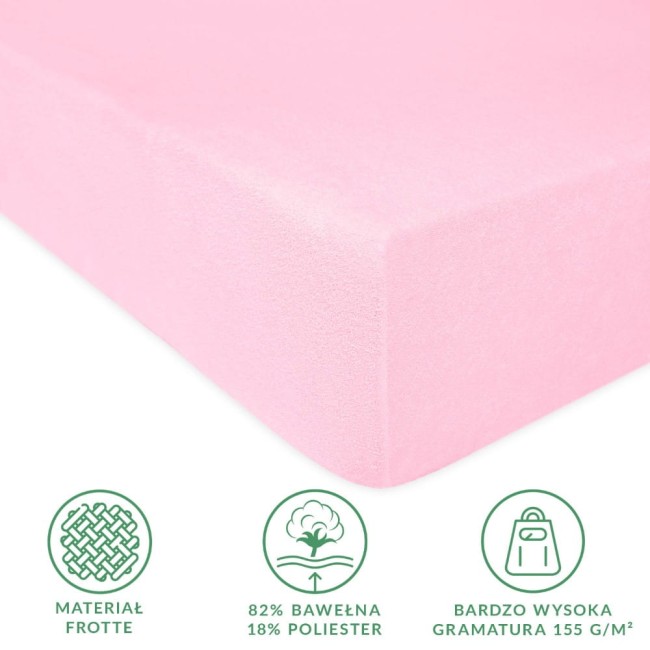 Prześcieradło frotte z gumką 200x220 w jasnym różowym kolorze, z widoczną strukturą materiału, leży na gładkiej powierzchni. Widoczne informacje o składzie: 82% bawełna, 18% poliester oraz gramaturze 155 g/m². Brak dodatkowych elementów dekoracyjnych.