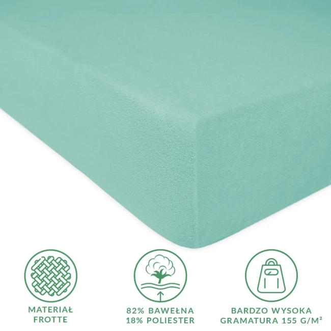Prześcieradło frotte z gumką 200x220 w jasnym turkusie, widoczne pod kątem zbliżenia, ukazane w pozycji leżącej. Materiał o wysokiej gramaturze 155 g/m², faktura miła w dotyku, bez widocznych wzorów czy napisów. Idealne do sypialni.