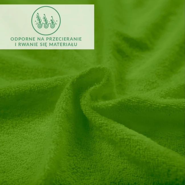 Prześcieradło frotte w kolorze kaktusowym, z gumką, o wymiarach 200x220 cm. Materiał teksturowany, odporny na przecieranie, z widocznymi fałdami i miękką powierzchnią. Tło jednolite zielone.