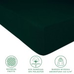 Prześcieradło frotte z gumką 200x220 w kolorze zieleni butelkowej, w ujęciu z boku, leżące na płaskiej powierzchni. Widoczna tekstura materiału, które składa się w 82% z bawełny i 18% z poliestru. Gumka zapewniająca mocne trzymanie przy materacu.