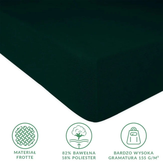 Prześcieradło frotte z gumką 200x220 w kolorze zieleni butelkowej, w ujęciu z boku, leżące na płaskiej powierzchni. Widoczna tekstura materiału, które składa się w 82% z bawełny i 18% z poliestru. Gumka zapewniająca mocne trzymanie przy materacu.