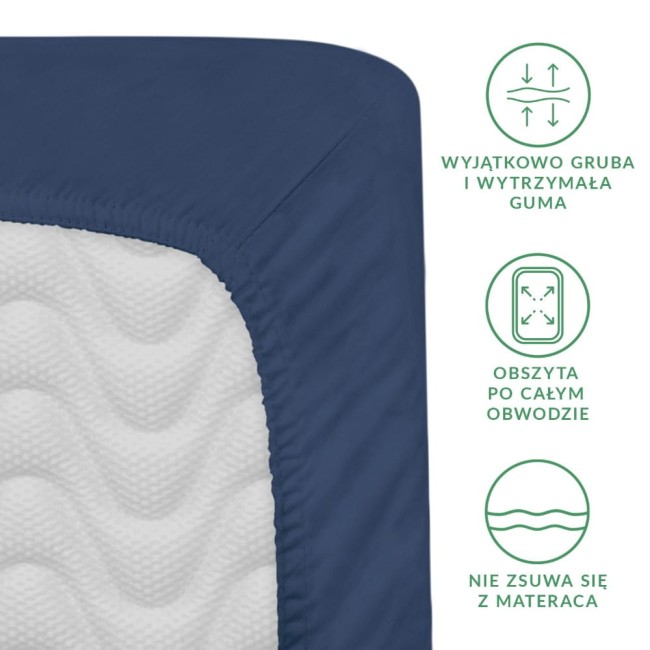 Prześcieradło satynowe z gumką 140x200 w kolorze chabrowym, z wyraźnie widoczną, grubo obszytą gumką przy krawędzi. Ułożone na białym tle, w zbliżeniu na krawędź. Gumka jest rozciągliwa i nie zsuwająca się z materaca.