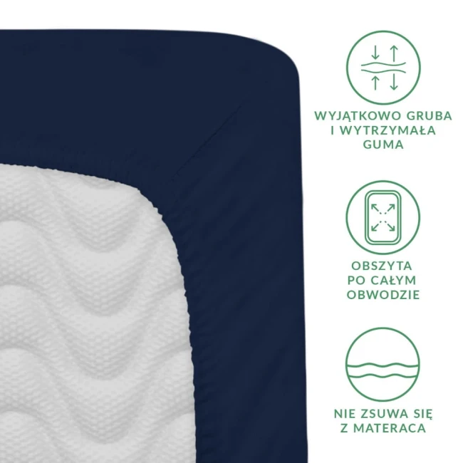 Prześcieradło satynowe z gumką 140x200 w ciemnym granacie, z widoczną, grubo obszytą gumką po całym obwodzie, leżące na białym tle. Wzór tkaniny posiada delikatną teksturę, co podkreśla elegancję produktu.