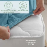Prześcieradło jersey z elastanem w kolorze błękitnym, rozłożone na materacu o grubości 25 cm. Widziane z boku, z wyraźnie widoczną gumką.